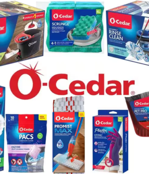 O-Cedar cleaning products including spin mops, microfiber mop systems, replacement mop heads, dusting refills, and a pet hair broom.