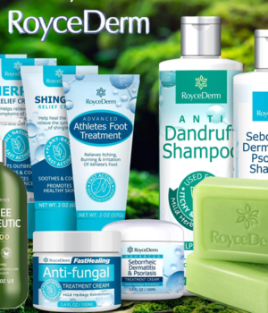 RoyceDerm self-care products including tea tree shampoo, body scrub, specialty soaps, and wellness essentials featured in daily savings promotion.