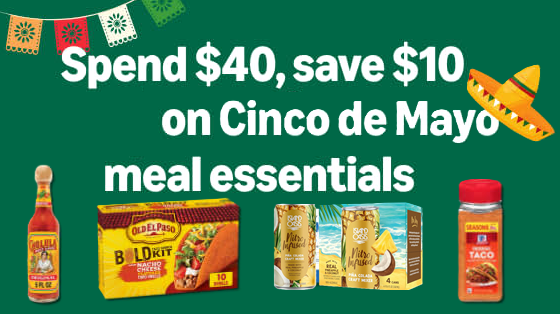 Cinco de Mayo food essentials including taco kits, sauces, and drink mixes arranged for a festive meal