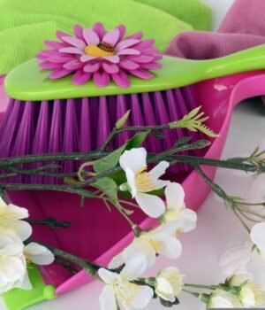 A bright spring-themed cleaning setup featuring floor care products with soft blue skies, light clouds, and subtle cherry blossom accents for a clean seasonal feel