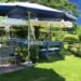 A bright spring and summer-themed snack setup featuring beverages, chips, cereals, and pantry foods with soft blue skies, light clouds, and subtle cherry blossom accents for a cheerful seasonal feel