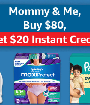 Family essentials including diapers, wipes, laundry care products, training pants, and household necessities featured in a promotional savings graphic.