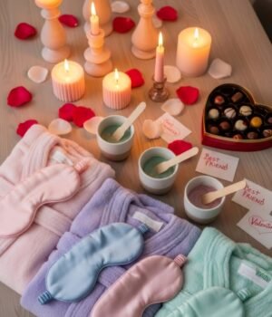 A bright, airy self-care scene with relaxing spa elements, soft lighting, and a fresh spring aesthetic focused on wellness and simplicity