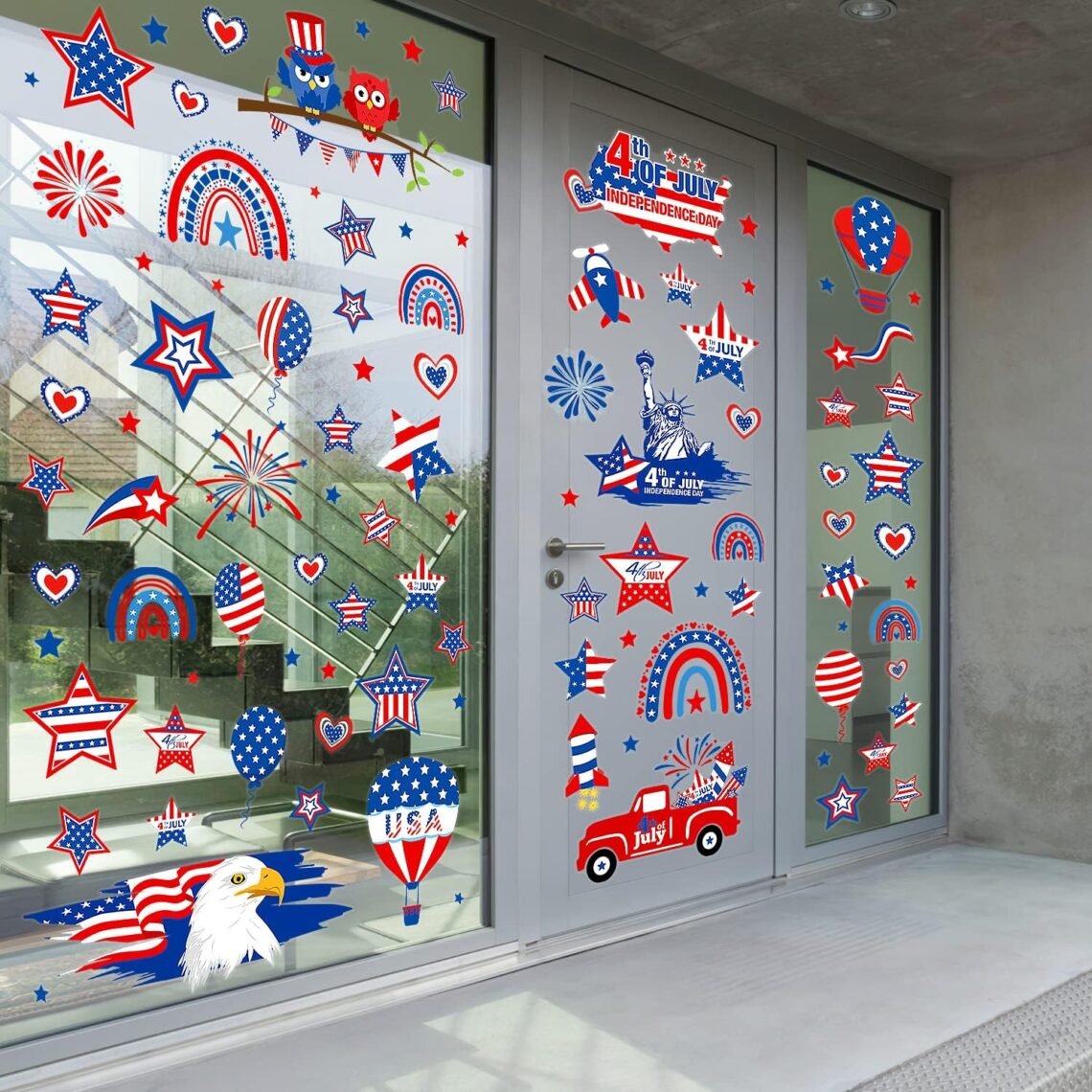 4th of July Decorations Window Clings Patriotic 9 Sheets Stickers Double-Sided for Glass Windows USA Stars Fourth Window Clings Veterans Memorial Day Decorations for Independence Holiday