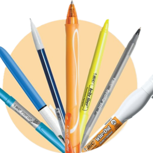 BIC writing supplies including pens, pencils, gel pens, correction tape, and school supplies featured in a promotional savings graphic.
