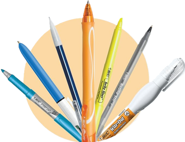 BIC writing supplies including pens, pencils, gel pens, correction tape, and school supplies featured in a promotional savings graphic.