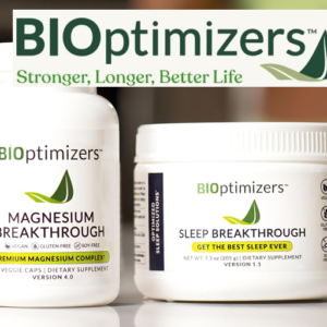 BIOptimizers supplements, magnesium products, mushroom drink blends, probiotics, and wellness support products featured in a promotional savings graphic.