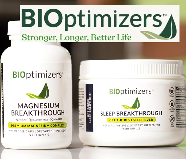 BIOptimizers supplements, magnesium products, mushroom drink blends, probiotics, and wellness support products featured in a promotional savings graphic.