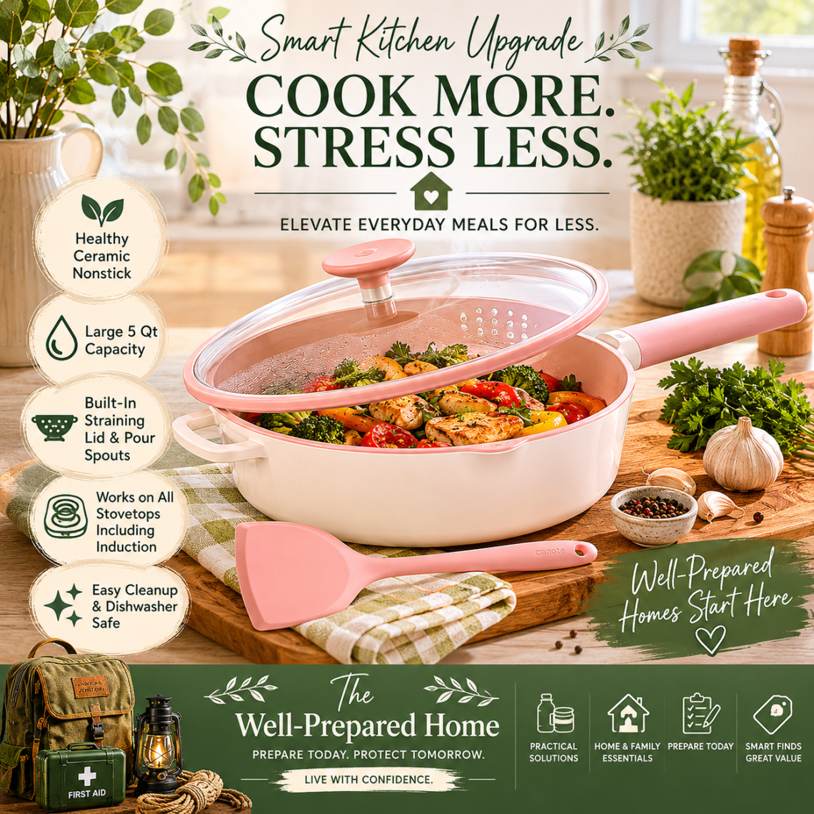 The CAROTE sauté pan sits on a clean white stove filled with colorful vegetables and a healthy family meal in progress. Fresh herbs, lemons, a wooden cutting board, linen towels, and a vase of flowers create a warm, aspirational atmosphere.
