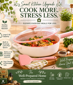 The CAROTE sauté pan sits on a clean white stove filled with colorful vegetables and a healthy family meal in progress. Fresh herbs, lemons, a wooden cutting board, linen towels, and a vase of flowers create a warm, aspirational atmosphere.