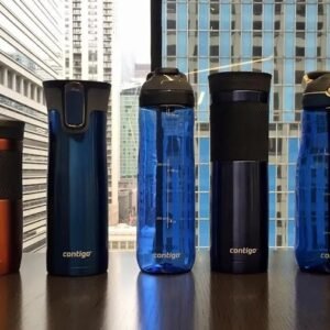 Promotional graphic featuring Contigo reusable water bottles, insulated travel mugs, and stainless steel tumblers.