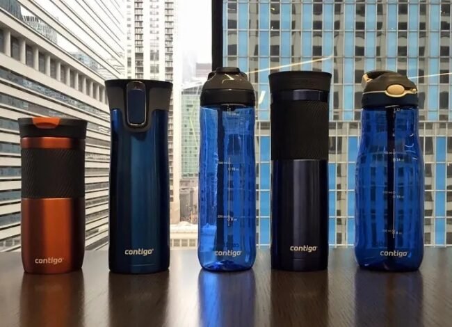 Promotional graphic featuring Contigo reusable water bottles, insulated travel mugs, and stainless steel tumblers.