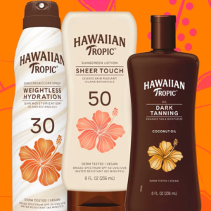 Hawaiian Tropic sunscreen, face sunscreen, tanning oils, and sun care products featured in a promotional savings graphic.