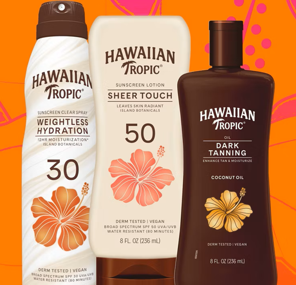Hawaiian Tropic sunscreen, face sunscreen, tanning oils, and sun care products featured in a promotional savings graphic.