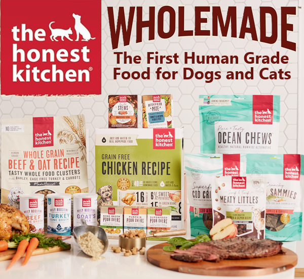 The Honest Kitchen dehydrated dog food and pet nutrition products featured in a promotional savings graphic.