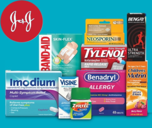 Assorted self-care products including first aid supplies, pain relievers, allergy medicine, digestive health products, and family wellness essentials