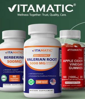 Vitamatic supplements including vitamins, minerals, probiotics, wellness gummies, and fitness support products featured in a savings promotion.