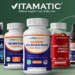 Vitamatic supplements including vitamins, minerals, probiotics, wellness gummies, and fitness support products featured in a savings promotion.