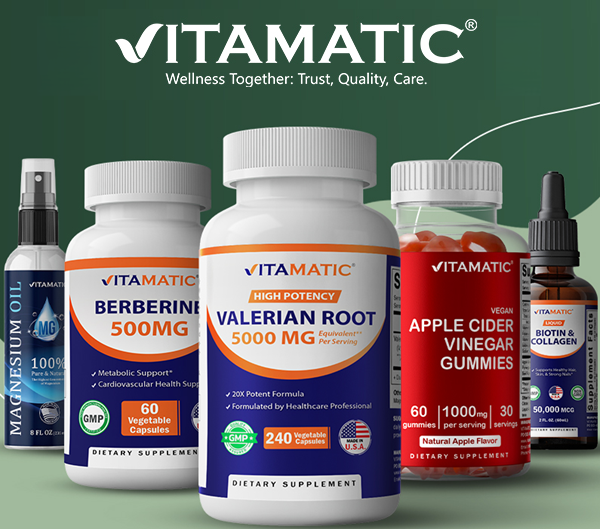 Vitamatic supplements including vitamins, minerals, probiotics, wellness gummies, and fitness support products featured in a savings promotion.
