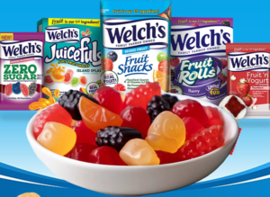 Promotional graphic featuring assorted Welch's Fruit Snacks in a variety of flavors and package sizes.