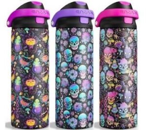 Encool insulated stainless steel water bottle featuring decorative printed artwork and push-button lid