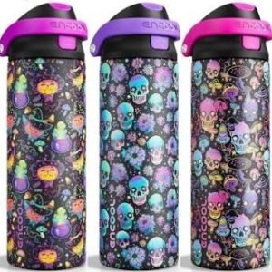 Encool insulated stainless steel water bottle featuring decorative printed artwork and push-button lid