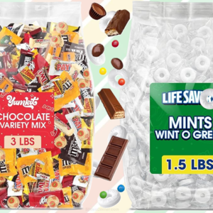 Bulk bags of assorted candy including sour gummies, hard candies, licorice, and individually wrapped treats