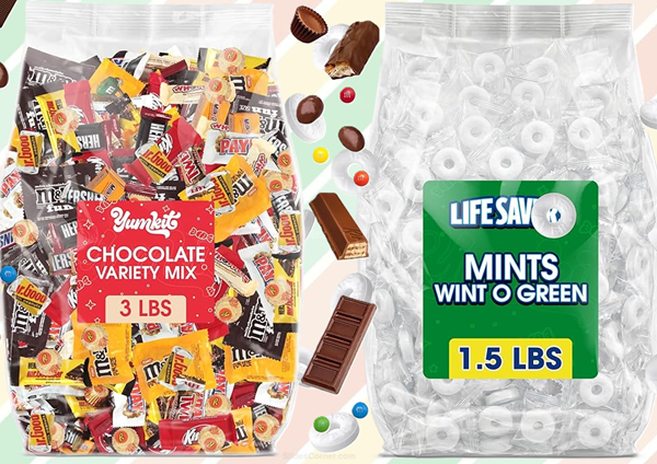 Bulk bags of assorted candy including sour gummies, hard candies, licorice, and individually wrapped treats