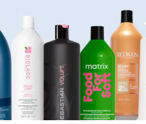 Graphic featuring assorted premium beauty products including hair care, skincare, and cosmetic brands.