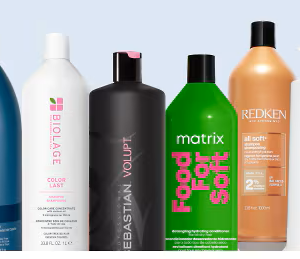 Graphic featuring assorted premium beauty products including hair care, skincare, and cosmetic brands.