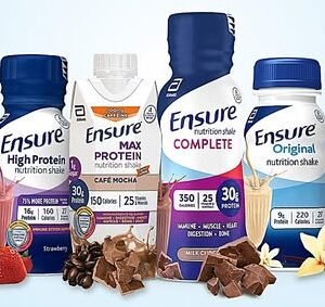 Promotional graphic featuring assorted Ensure ready-to-drink nutrition shakes in multiple flavors and protein formulas.