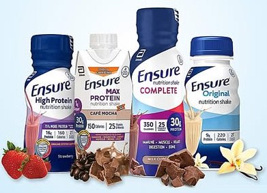 Promotional graphic featuring assorted Ensure ready-to-drink nutrition shakes in multiple flavors and protein formulas.