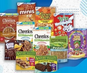 Graphic featuring assorted General Mills breakfast cereals and pantry products included in a promotional savings event.
