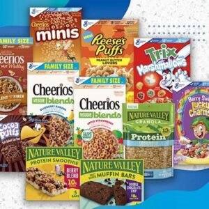 Graphic featuring assorted General Mills breakfast cereals and pantry products included in a promotional savings event.