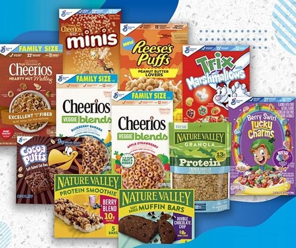 Graphic featuring assorted General Mills breakfast cereals and pantry products included in a promotional savings event.
