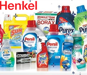 Henkel household products including laundry detergent, fabric softener, cleaning supplies, pest control products, and fabric care essentials