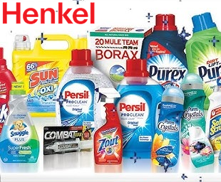 Henkel household products including laundry detergent, fabric softener, cleaning supplies, pest control products, and fabric care essentials