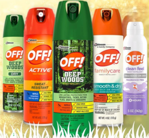Promotional graphic featuring OFF! insect repellents, bug sprays, citronella products, and outdoor pest control items.
