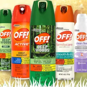 Promotional graphic featuring OFF! insect repellents, bug sprays, citronella products, and outdoor pest control items.