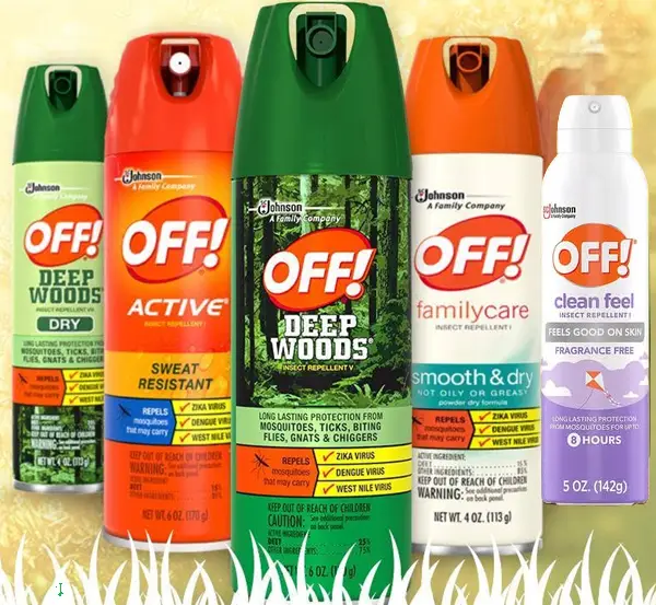 Promotional graphic featuring OFF! insect repellents, bug sprays, citronella products, and outdoor pest control items.
