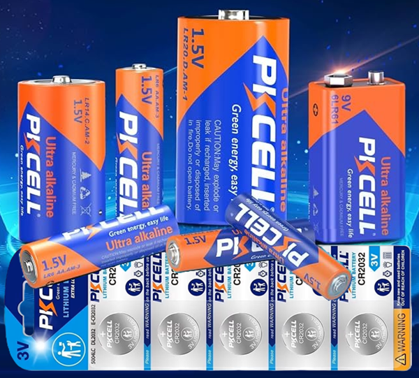 Assorted PKCELL batteries including AA, AAA, lithium, coin cell, rechargeable, and specialty battery products
