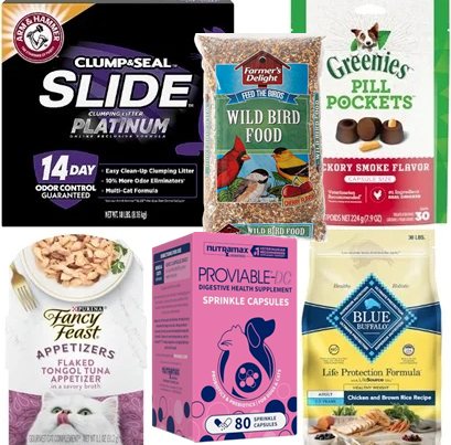 Promotional graphic featuring assorted pet supplies for dogs, cats, birds, and other household pets.