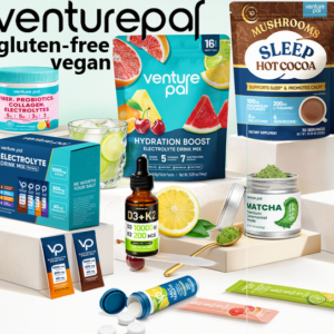 Promotional graphic featuring VenturePal wellness products including electrolyte supplements, vitamins, magnesium products, and nutrition essentials.