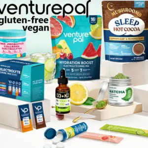 Promotional graphic featuring VenturePal wellness products including electrolyte supplements, vitamins, magnesium products, and nutrition essentials.