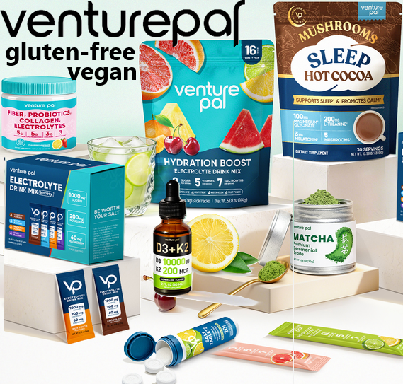 Promotional graphic featuring VenturePal wellness products including electrolyte supplements, vitamins, magnesium products, and nutrition essentials.
