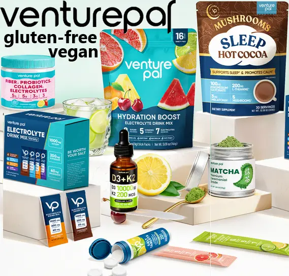 Promotional graphic featuring VenturePal wellness products including electrolyte supplements, vitamins, magnesium products, and nutrition essentials.