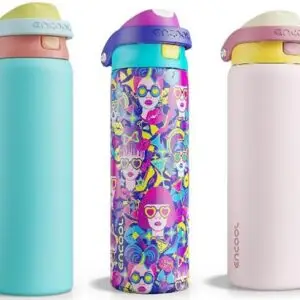 Selection of ENCOOL insulated stainless steel water bottles in colorful and neutral designs.