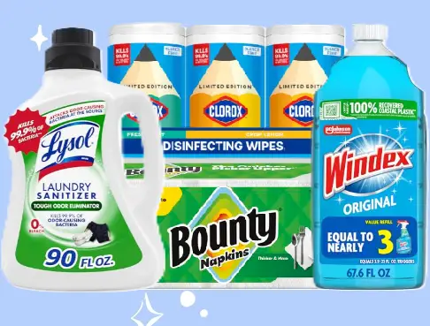 Promotional graphic advertising a $15 Amazon credit when spending $50 on qualifying household essentials.