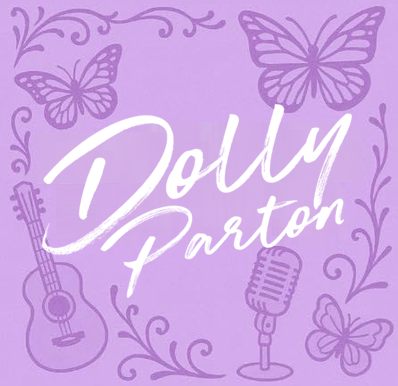 Dolly Parton themed promotional graphic representing apparel, housewares, beauty, books, music, and gift items.