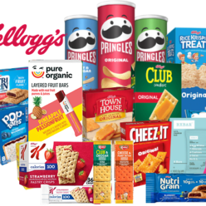 Promotional graphic featuring assorted Kellogg's snack and breakfast brands, including crackers, chips, protein bars, breakfast pastries, and snack treats.